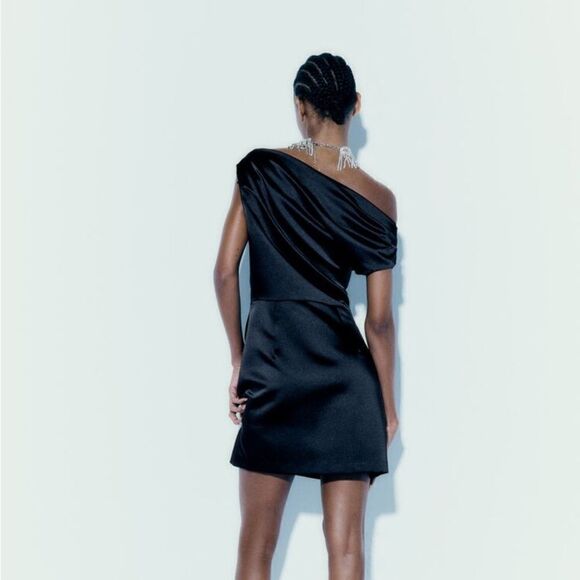 Zara Asymmetric Satin Dress Black New - Picture 5 of 10